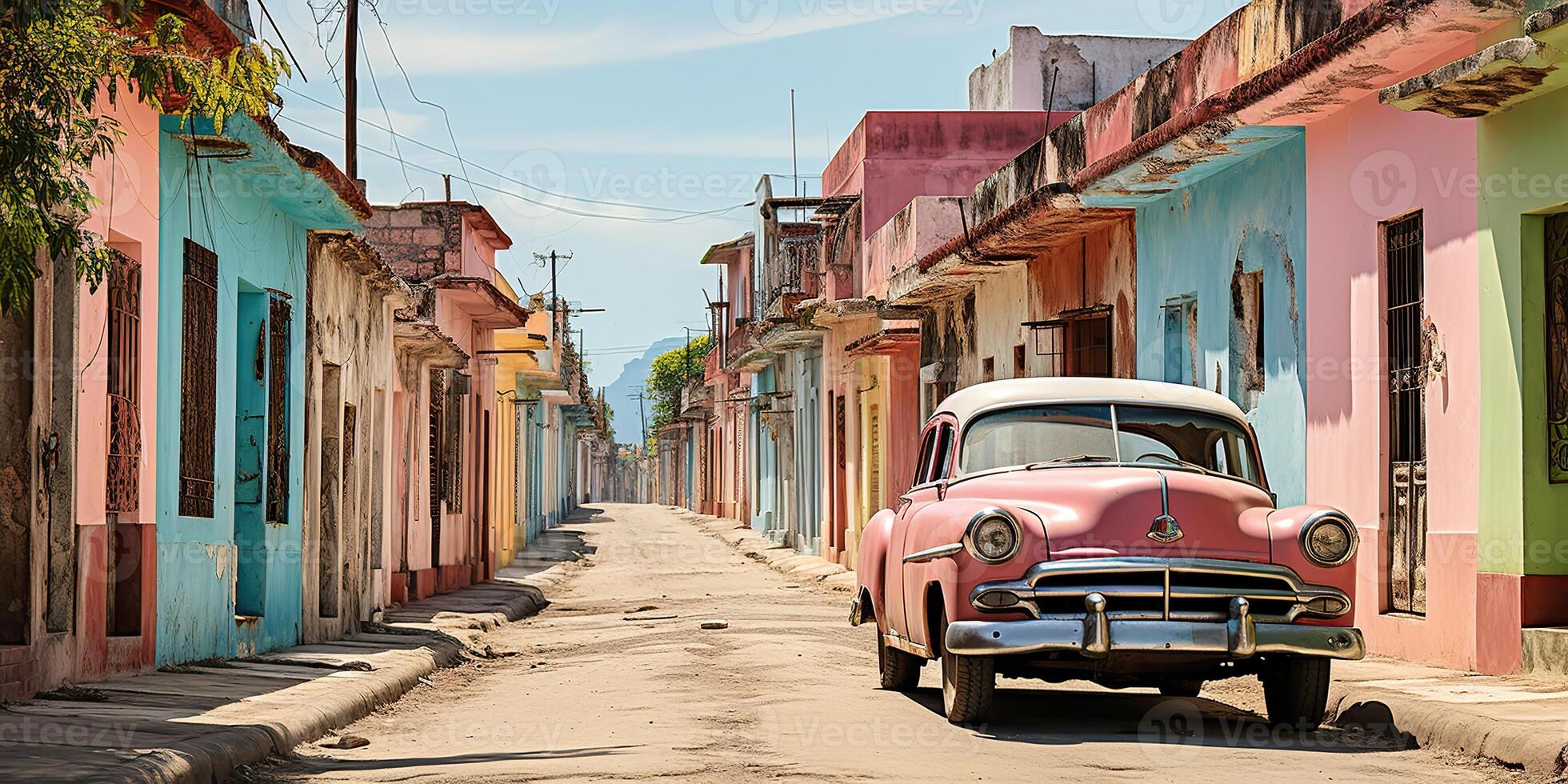 AI Generated. AI Generative. Classic vintage retro pink cadillac at cuba latin tropical exotic landscape. Adventure vacation caribiam palme trees sunny street vibe. Graphic Art photo