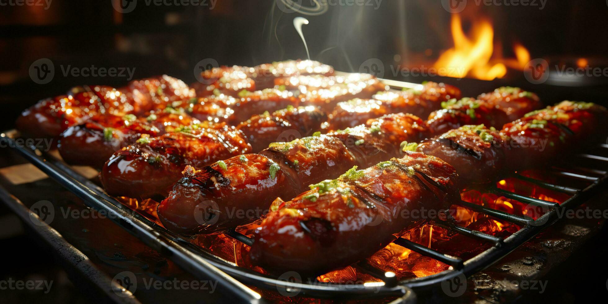 AI Generated. AI Generative. BBQ grill barbecuse steak beed pork sausages on fire preapring meat food. Party garden restaurant vibe. Graphic Art photo