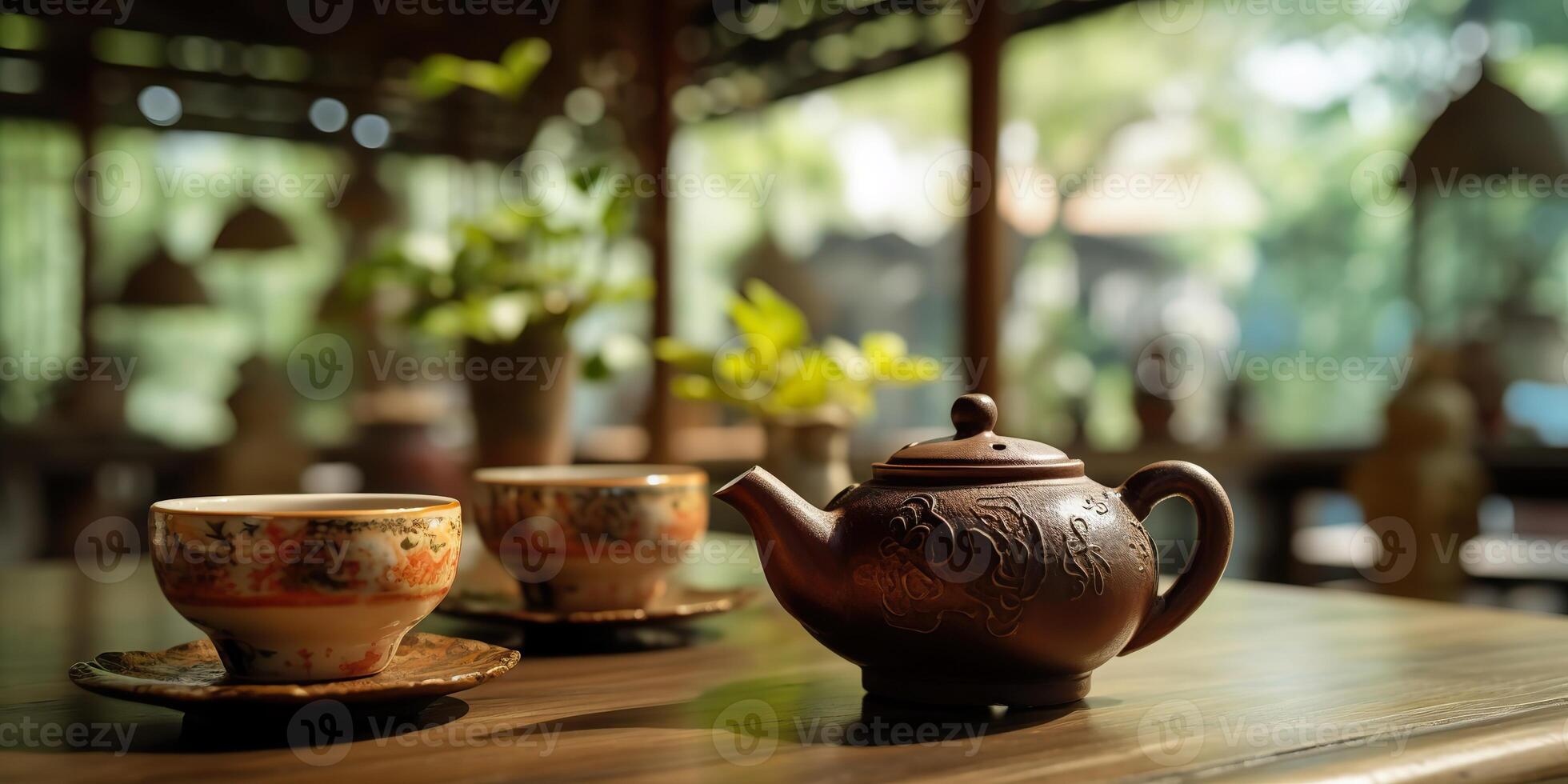 AI Generated. AI Generative. Traditional classit vintage retro ceremony chinese asia te teapot cup table ritual wooden table. Calm inner peace relax beverage time vibe. Graphic Art photo