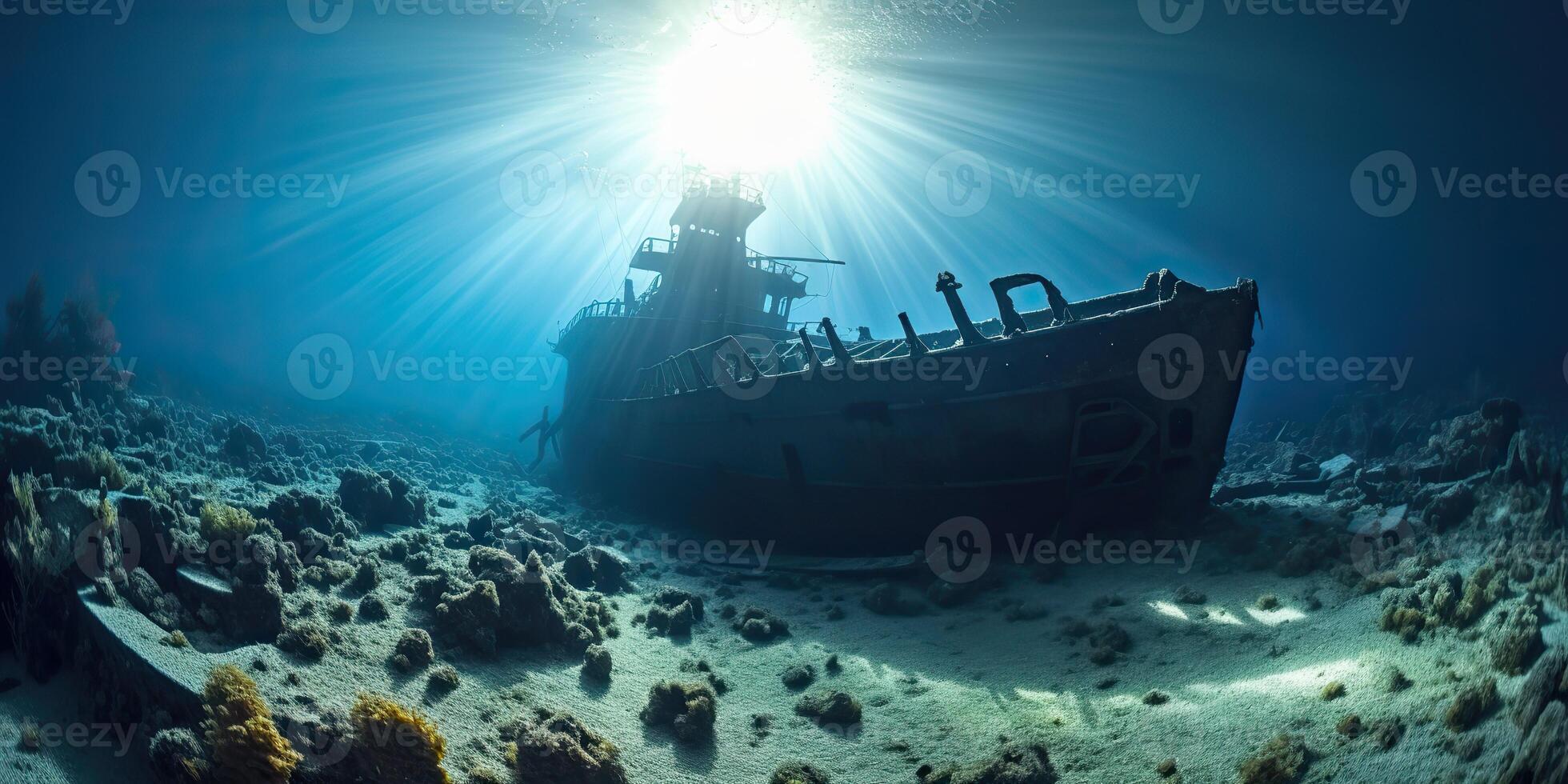 AI Generated. AI Generative. Under water sea ocean scuba difing adventures. Underwater explore trip old histiry ship. Nautical marine deep bluew vibe.Graphic Art photo