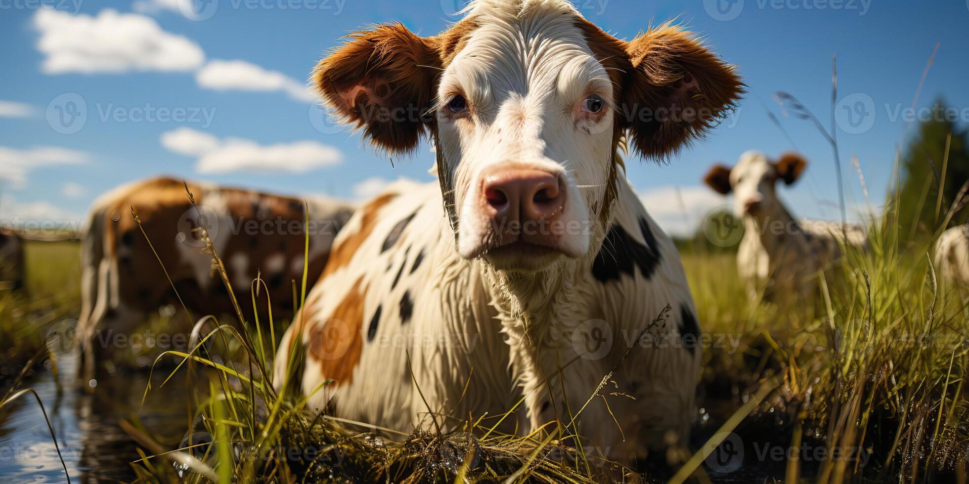 . . Cow animal face frontal funny portrait at green field farm. Landscape farming nature outdoor village live style. Graphic Art photo