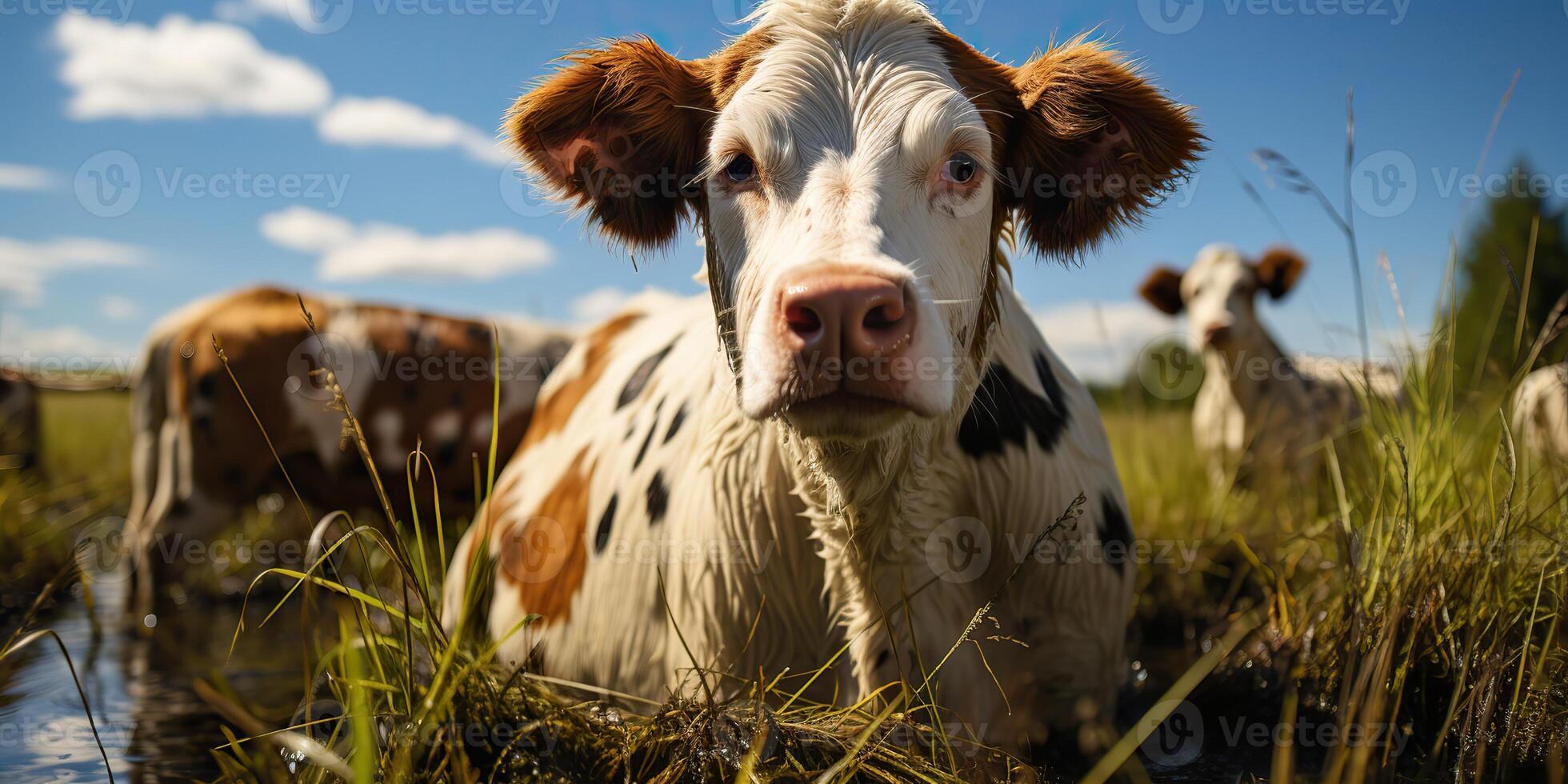 AI Generated. AI Generative. Cow animal face frontal funny portrait at green field farm. Landscape farming nature outdoor village live style. Graphic Art photo