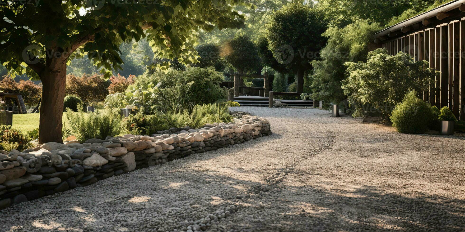 AI Generated. AI Generative. Beautifull peace walk pathway path road with grave and oaks around. Green park garden landscape adventure vacation. Graphic Art photo