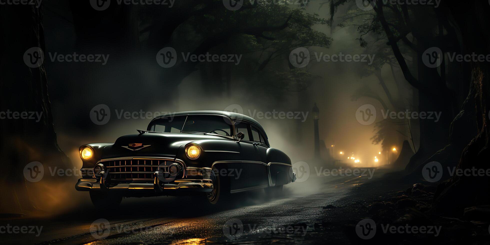 . . Vintage retro classic car on road mist fog forest tree nature outdoor dark gothic scary halloween vibe. Graphic Art photo