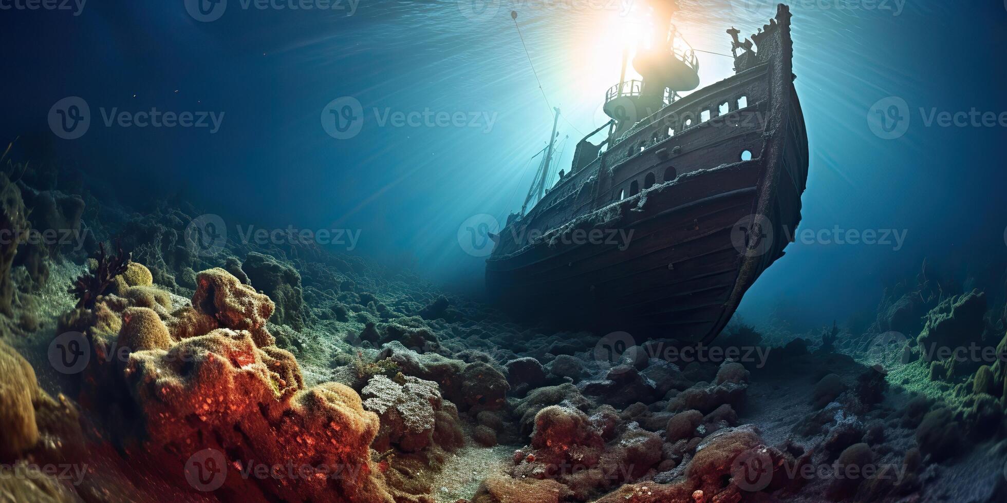 AI Generated. AI Generative. Under water sea ocean scuba difing adventures. Underwater explore trip old histiry ship. Nautical marine deep bluew vibe.Graphic Art photo