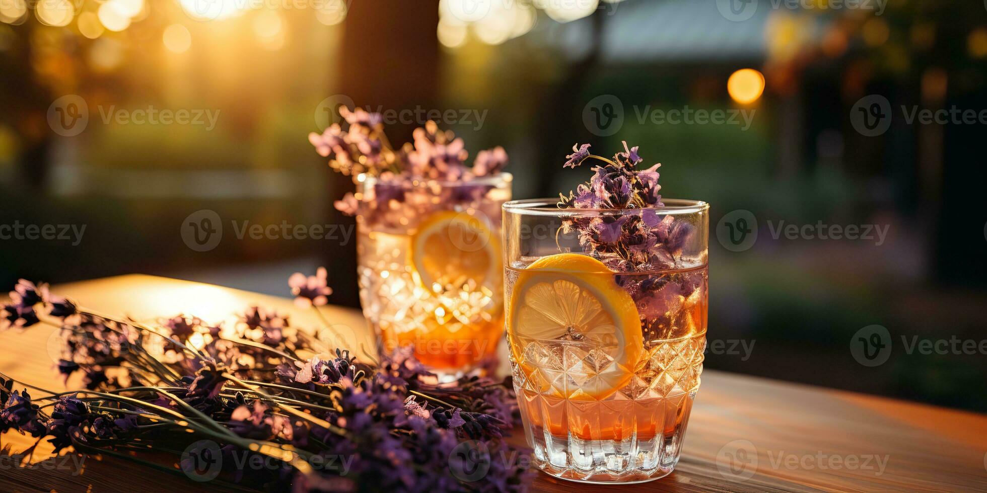 AI Generated. AI Generative. Lavender cocktails with plant flower. Refresh beverage drink in glass on susnset evening on wood table. Party family vibe. Graphic Art photo