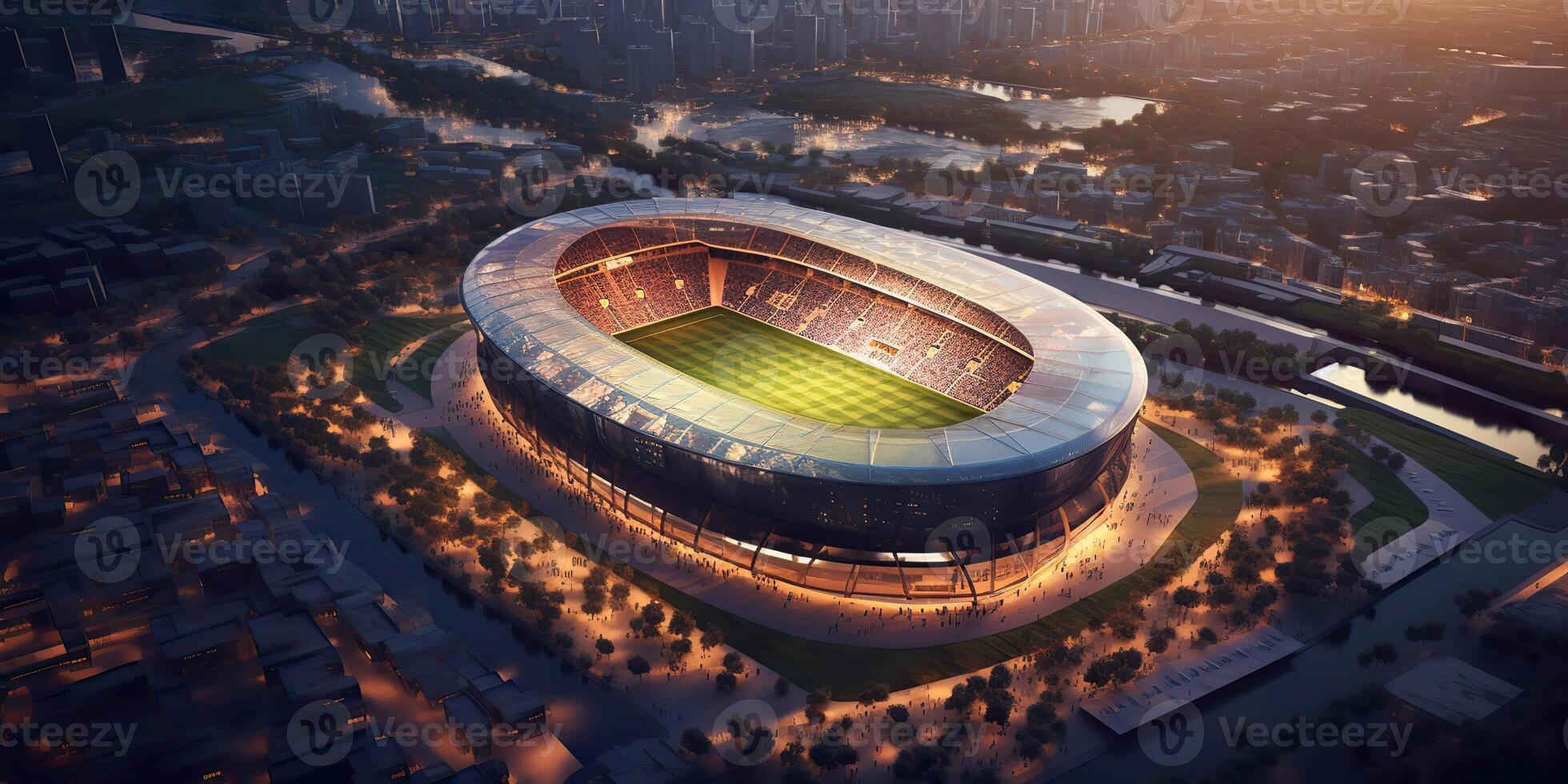 . . Aerial drone air view of arena stadium sport football soccer game. Night building in lights. Graphic Art photo