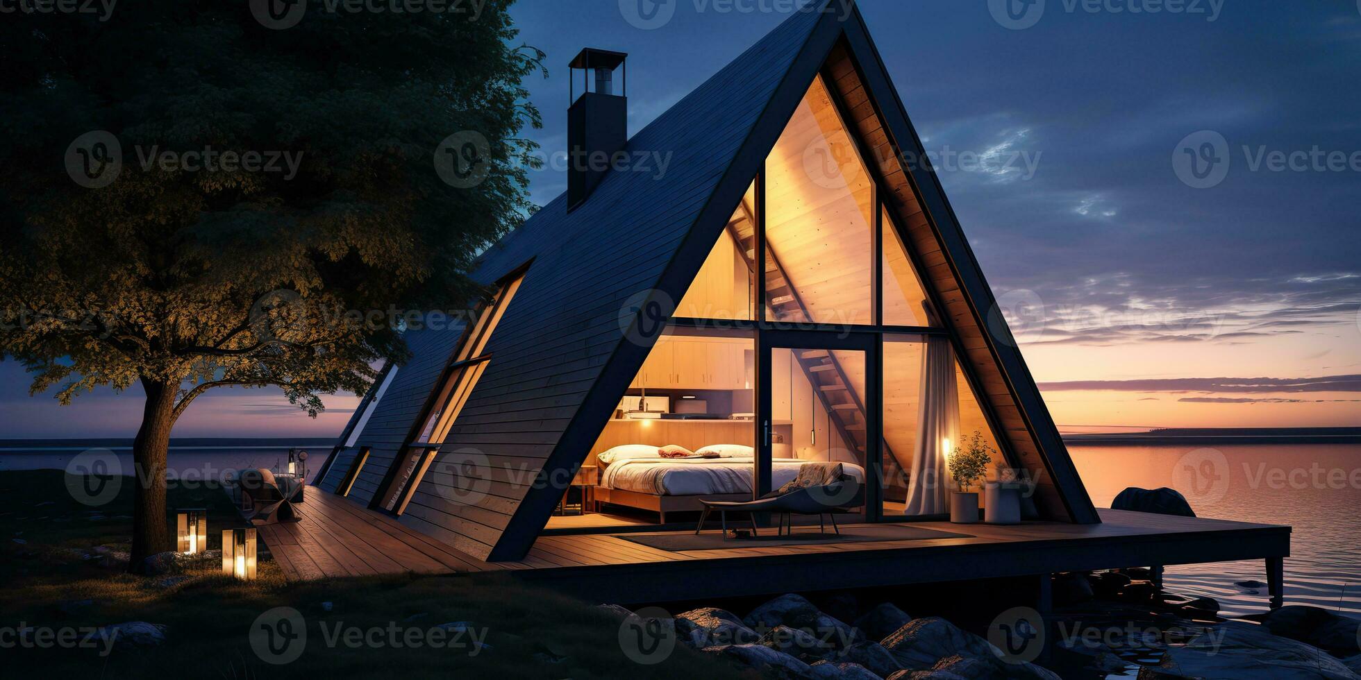 AI Generated. AI Generative. Scandinavian triangular aframe house hotel apartment. Nature outdoor vacation relax adventures vibe. Graphic Art photo