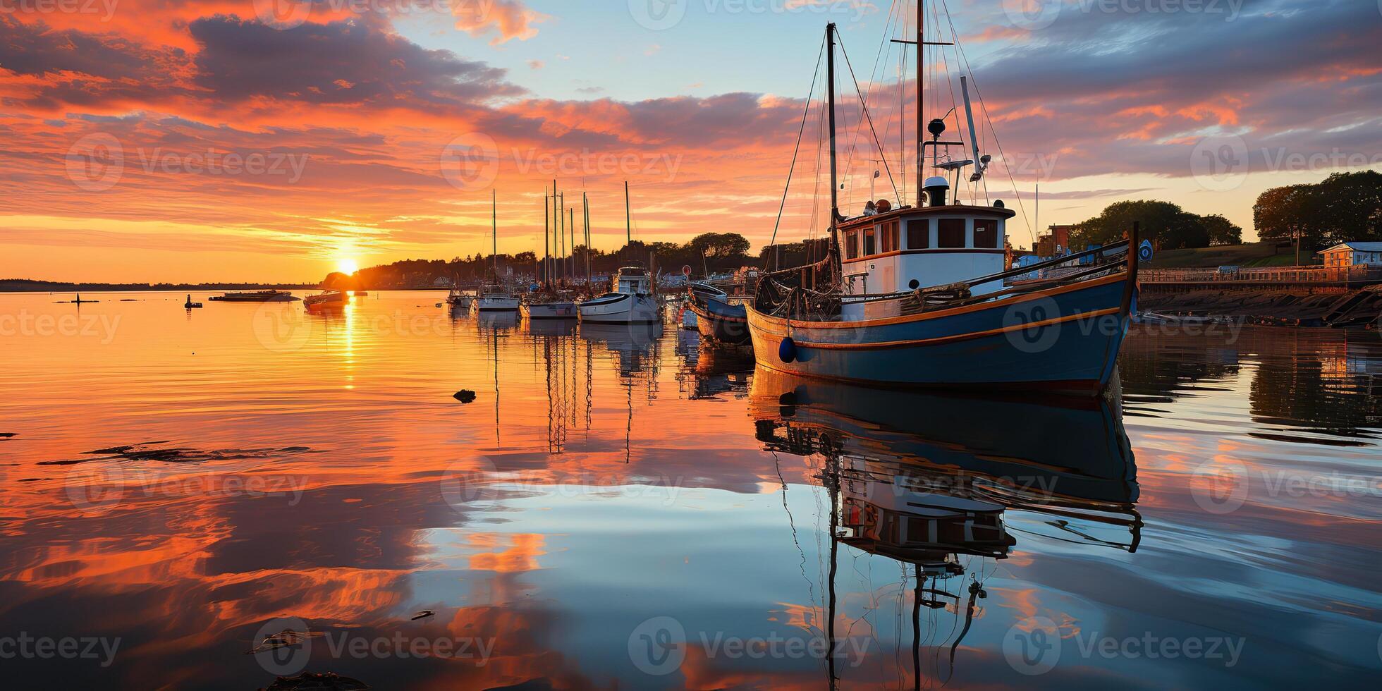 AI Generated. AI Generative. Nature outdoor landscape of yacht marine boat ship at dock port harbour. Vacation relax landscape background vibe. Graphic Art photo