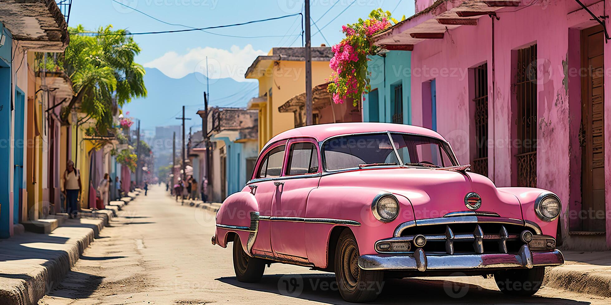 AI Generated. AI Generative. Classic vintage retro pink cadillac at cuba latin tropical exotic landscape. Adventure vacation caribiam palme trees sunny street vibe. Graphic Art photo