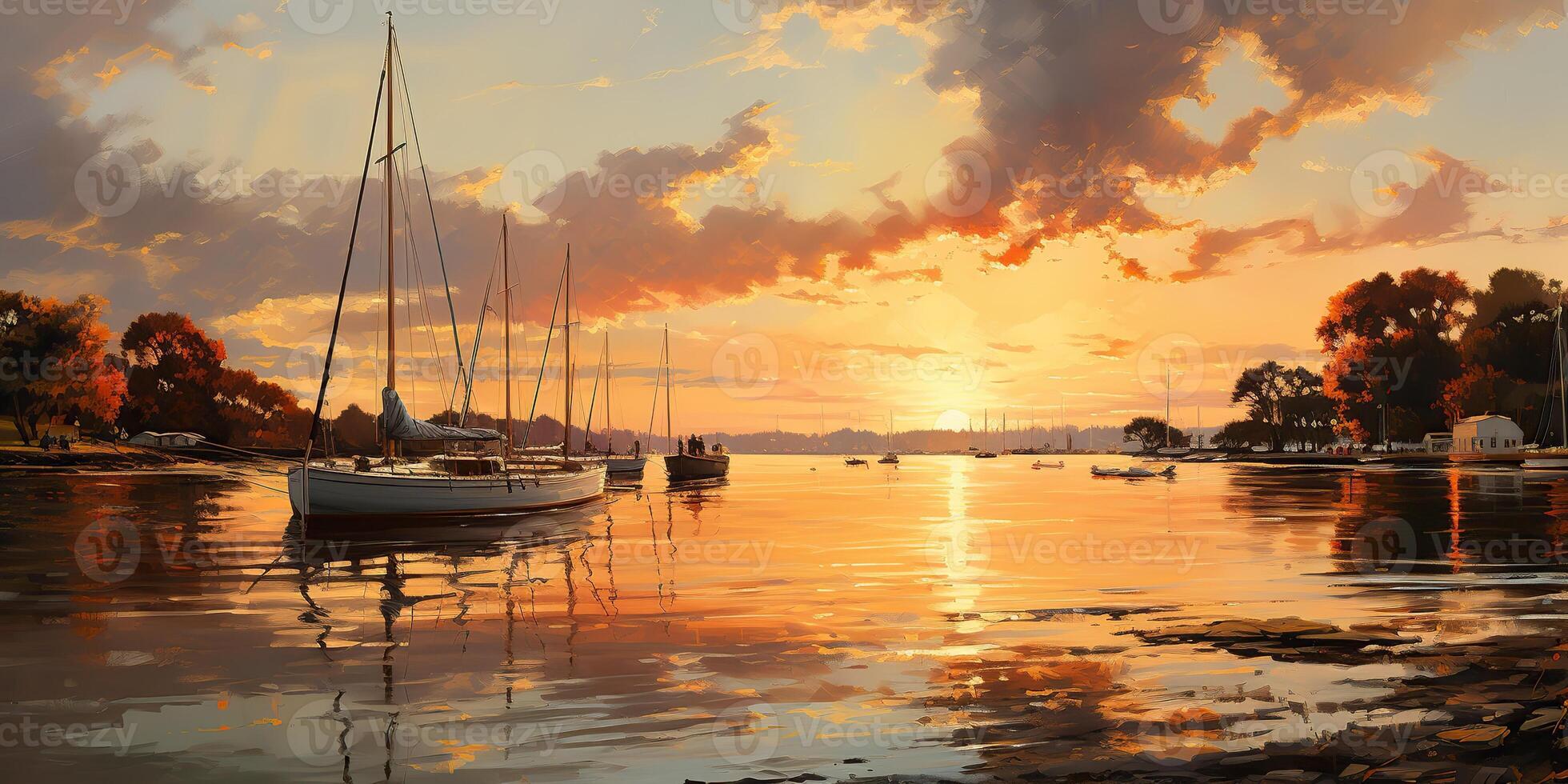 . . Nature outdoor landscape of yacht marine boat ship at dock port harbour. Vacation relax landscape background vibe. Graphic Art photo