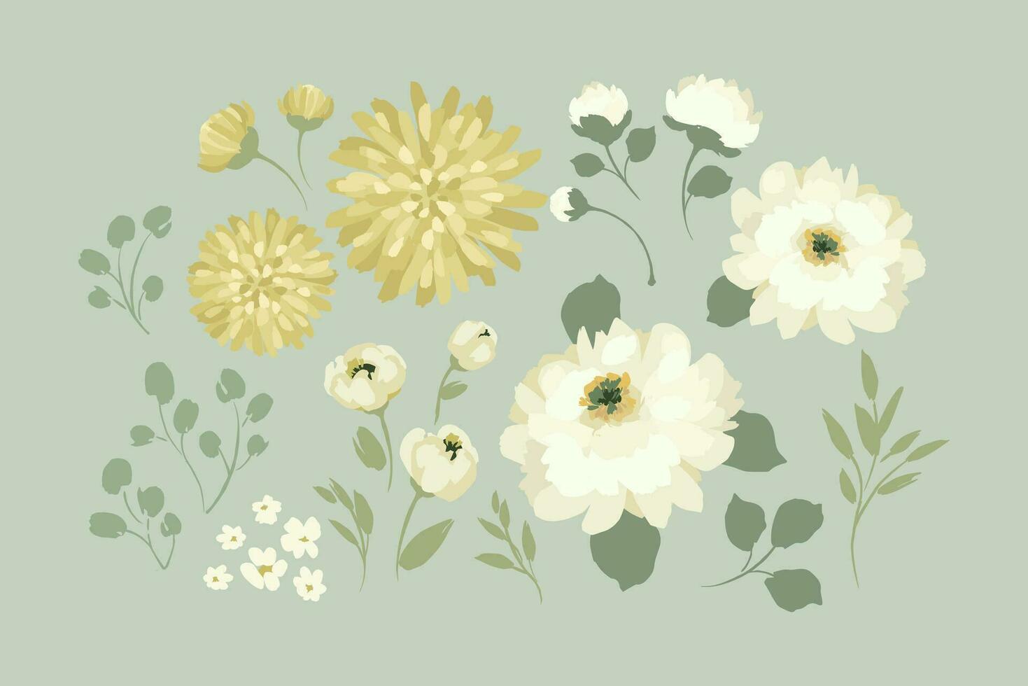 Set of abstract floral design elements. Leaves, flowers, grass, branches. Vector illustrations