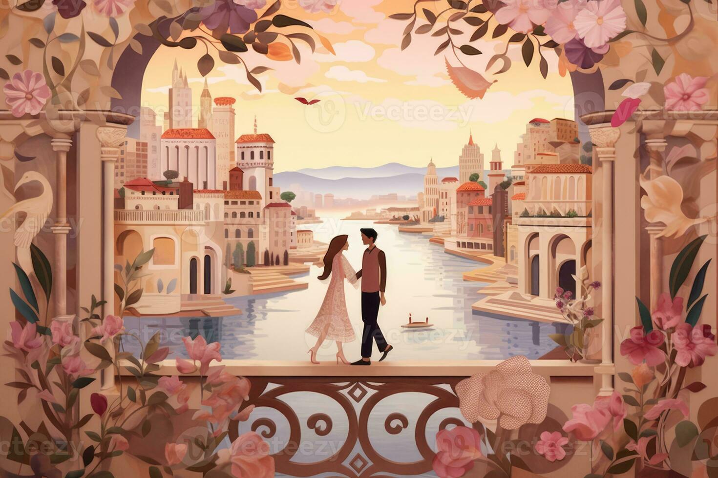 romántico escena presentando un Pareja en pie en un puente con un hermosa ciudad en el antecedentes. foto