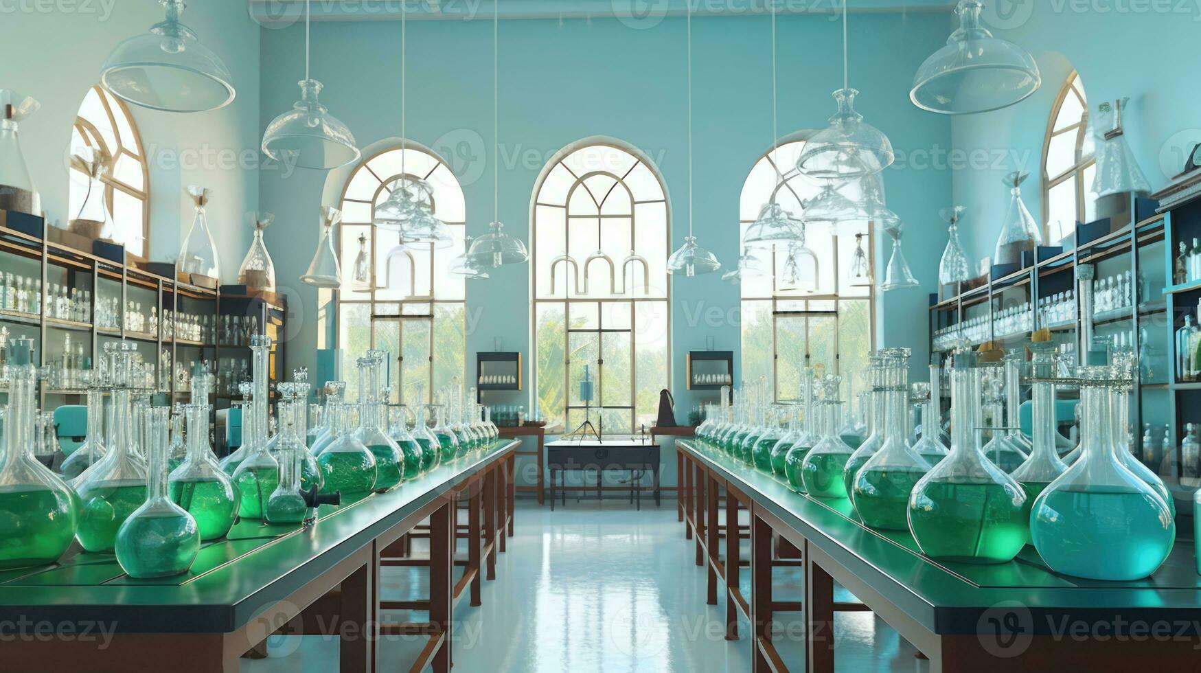 a modern and well-organized green lab with a variety of glassware, chemicals, and equipment. photo