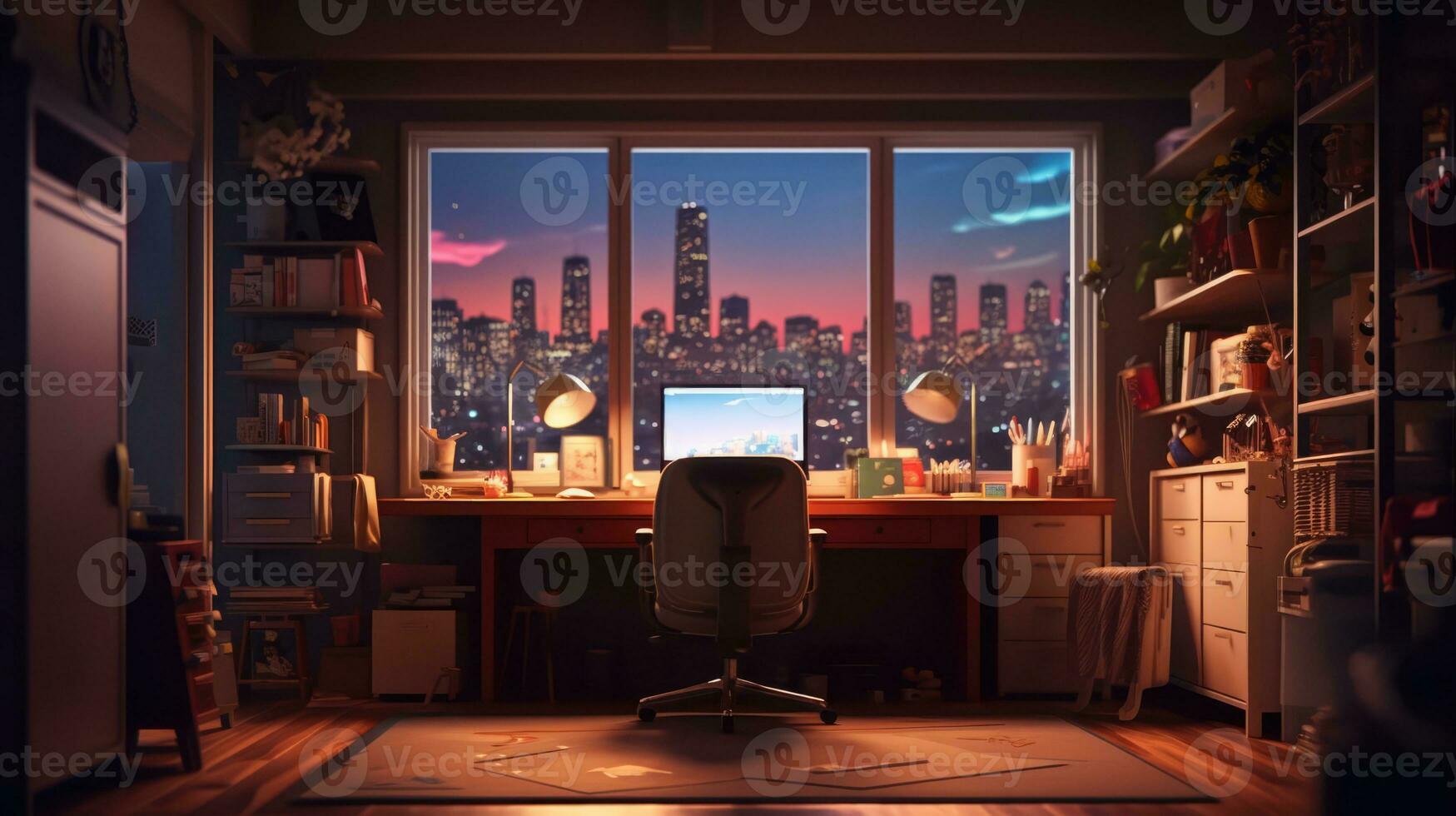 This image showcases a well-equipped home office featuring a comfortable chair, a spacious desk, a computer monitor, a keyboard, and a mouse. The desk is situated near a large window photo