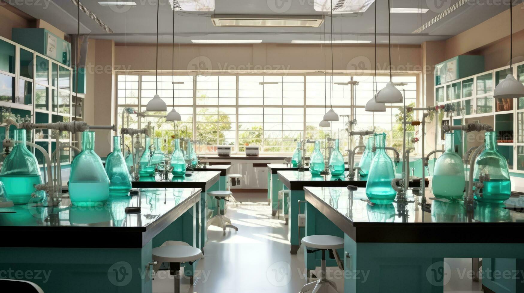 un bien organizado química laboratorio con estudiantes trabajando en experimentos allí son múltiple mesas foto