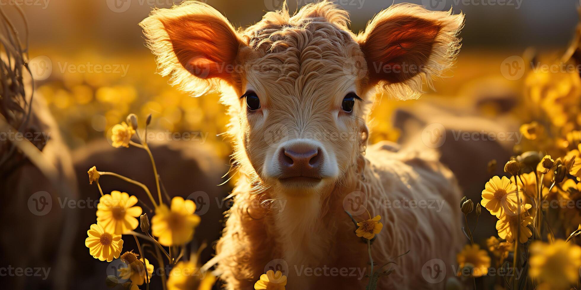 . . Beautiful young tittle calf on sunflower field at sunset. Nature landscape farm cow animal vibe. Graphic Art photo