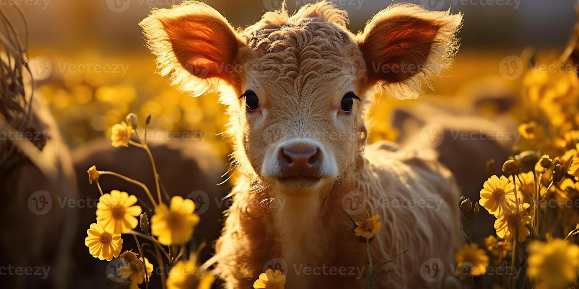 AI Generated. AI Generative. Beautiful young tittle calf on sunflower field at sunset. Nature landscape farm cow animal vibe. Graphic Art photo