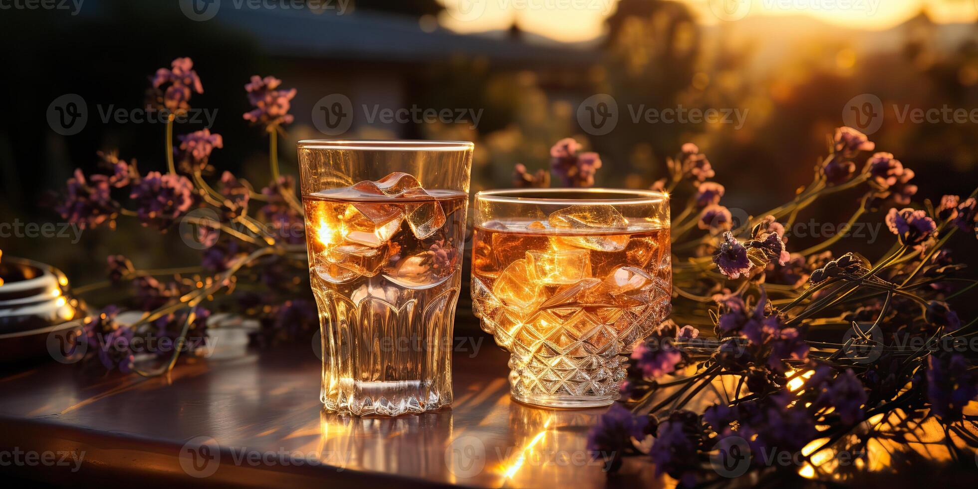 . . Lavender cocktails with plant flower. Refresh beverage drink in glass on susnset evening on wood table. Party family vibe. Graphic Art photo