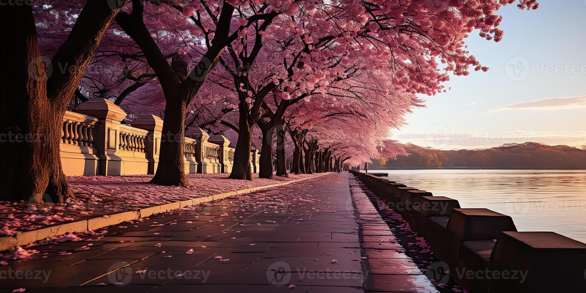 . . Beautiful Japanese asian walk road with blossom cherry tree plant trees. Romantic calm vacation relax vibe. Graphic Art photo
