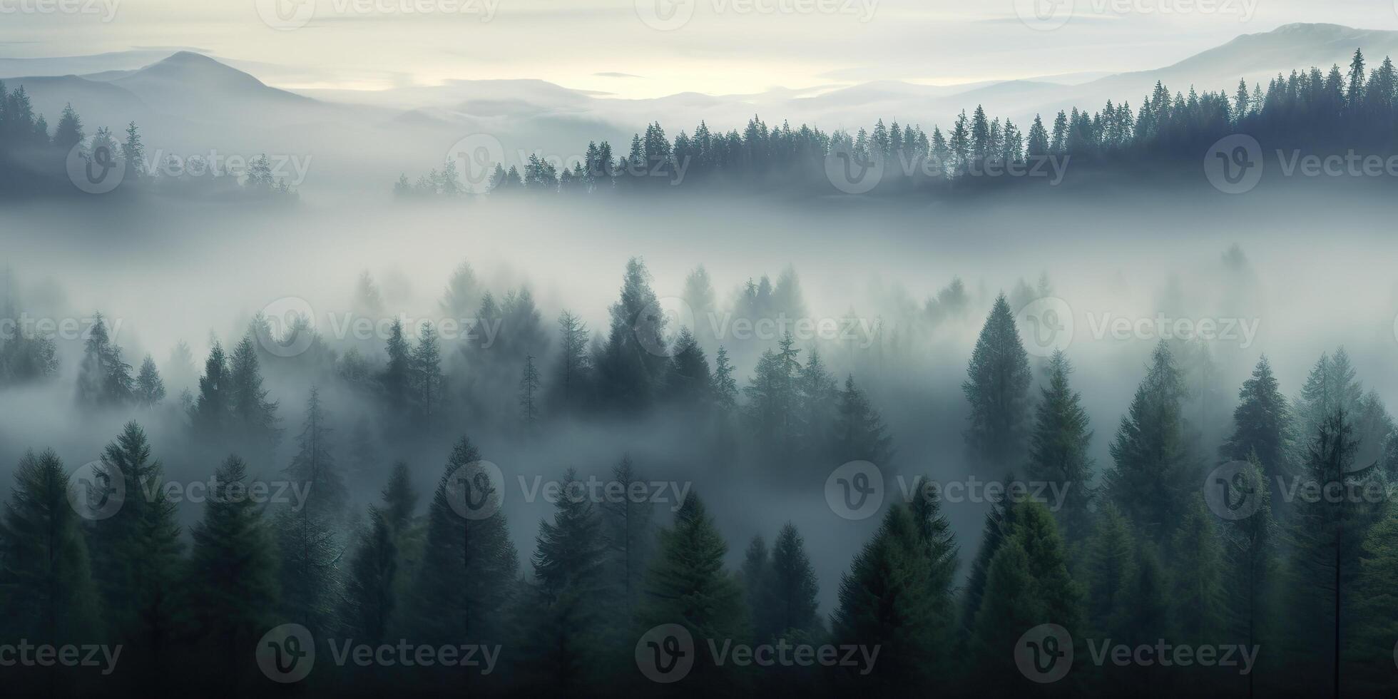 AI Generated. AI Generative. Adventure outdoor nature mist fog clouds forest trees landscape background wild explore. Graphic Art photo