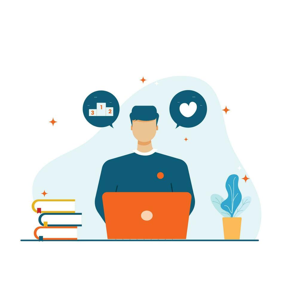 student studying using laptop to pursue achievement and love, flat design concept vector