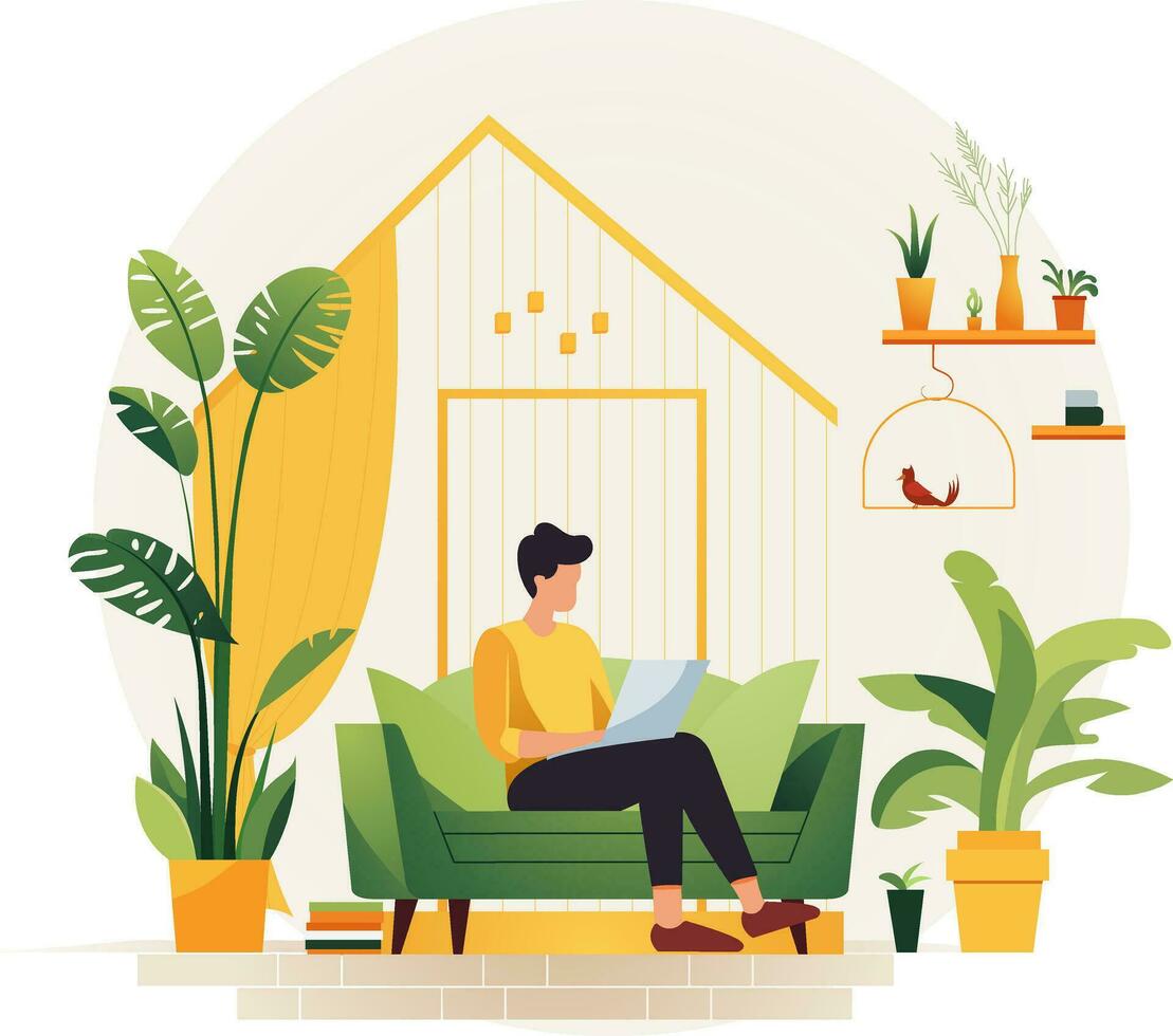 man sitting on couch with laptop surrounded by plants vector