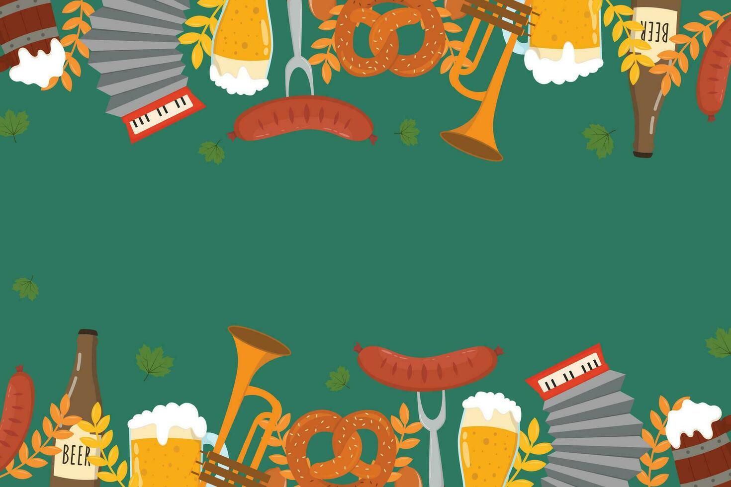 Flat background for oktoberfest celebration. A mug of beer, a bottle of beer, a pretzel, a sausage vector