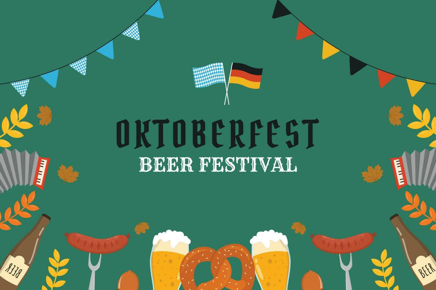 Flat background for oktoberfest celebration. A mug of beer, a bottle of beer, a pretzel, a sausage vector