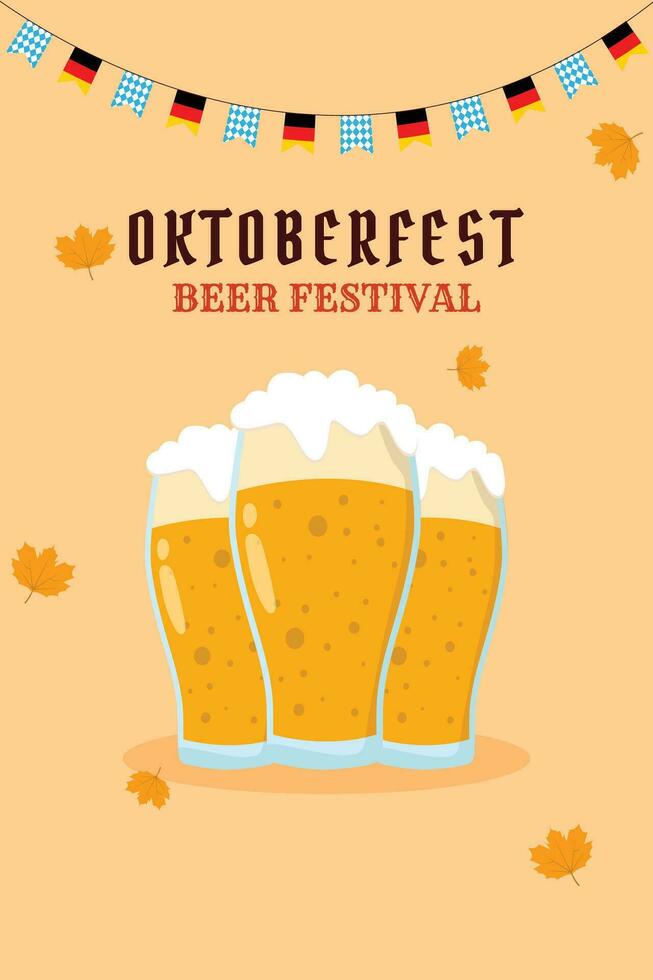 Flat background for oktoberfest celebration. A mug of beer, a bottle of beer, a pretzel, a sausage vector