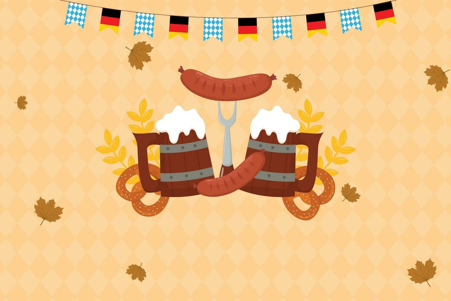 Flat background for oktoberfest celebration. A mug of beer, a bottle of beer, a pretzel, a sausage vector
