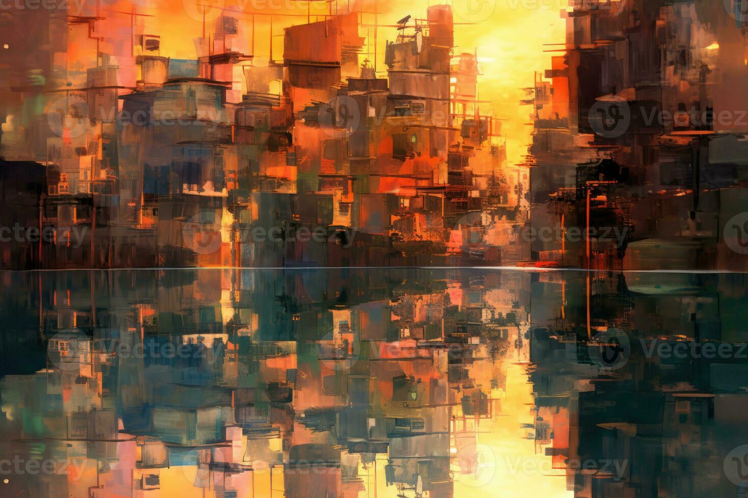 a city skyline reflecting off the wet pavement on a rainy day. The city's tall buildings and their reflections create an artistic and visually appealing scene. photo