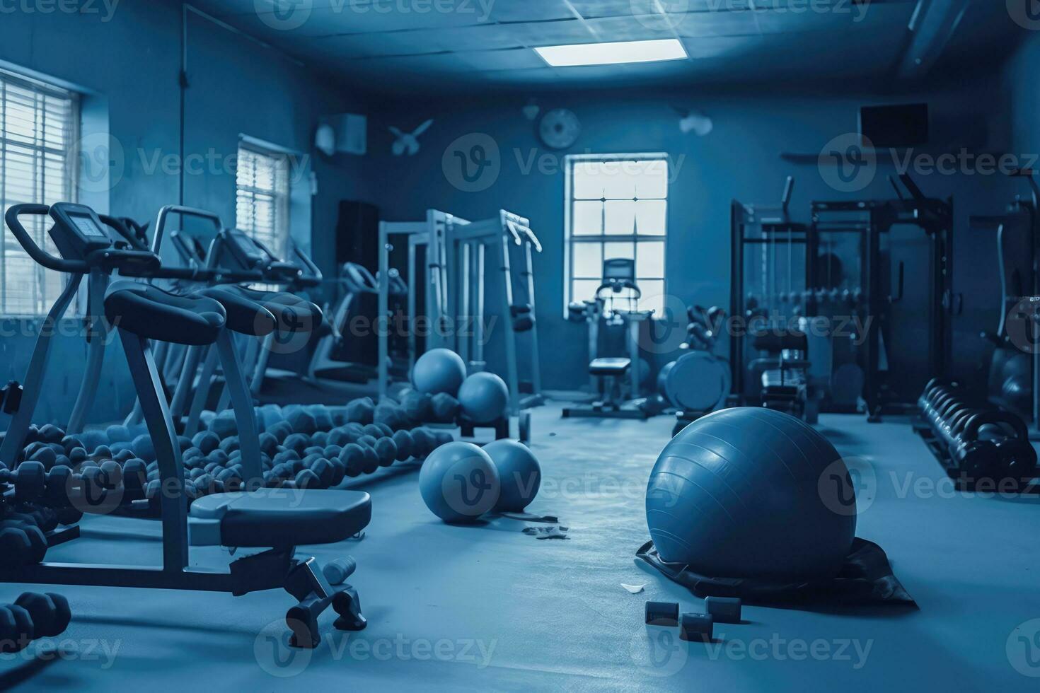 a well-equipped fitness center with various sports equipment. There are numerous weights scattered throughout the room, as well as an exercise ball photo