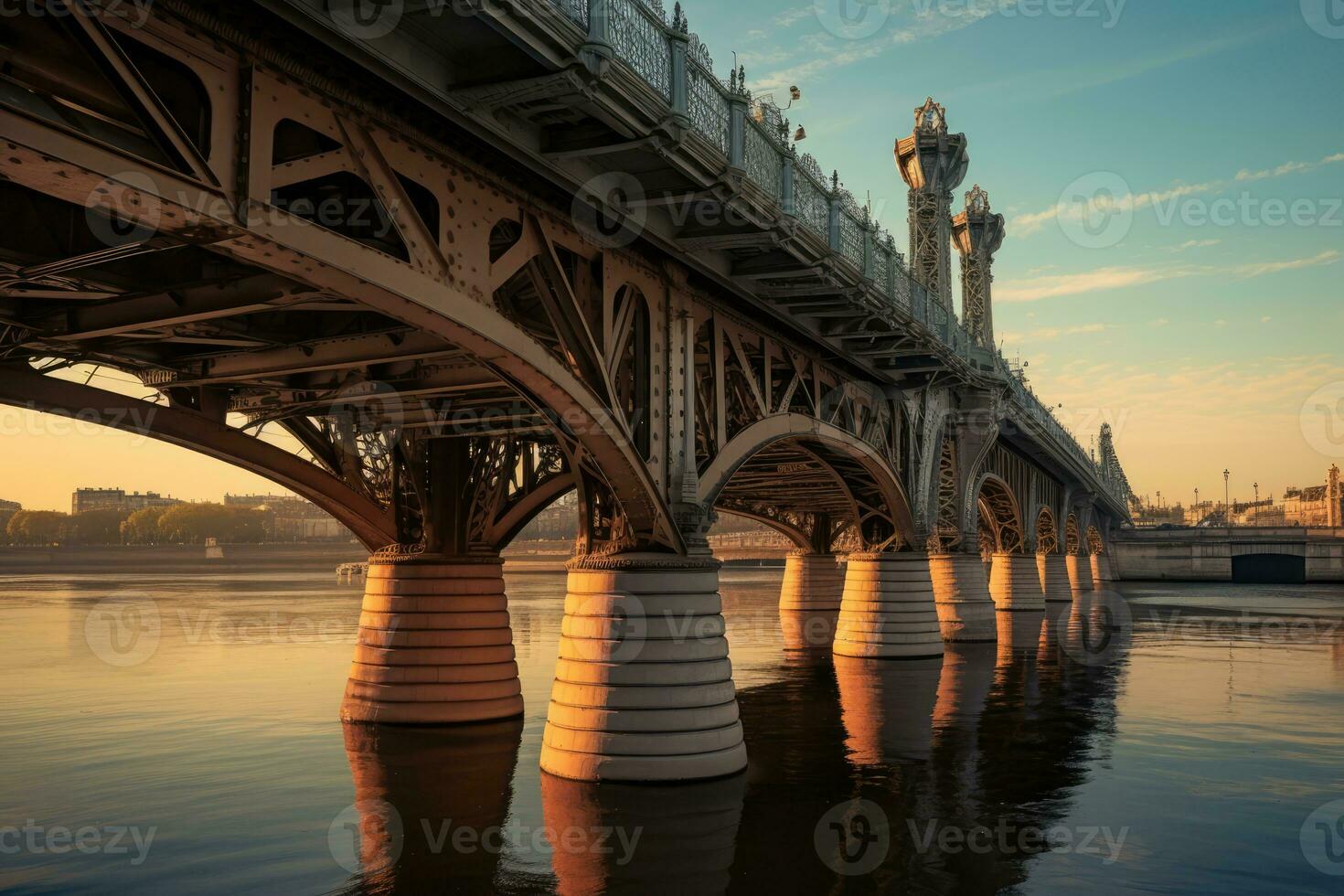 un hermosa amanecer o puesta de sol con el del sol calentar ligero brillante sobre un largo puente ese tramos a través de un grande cuerpo de agua. el puente conecta dos areas y proporciona un sereno ver para viajeros. foto