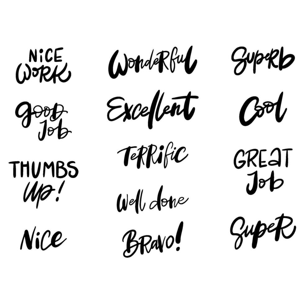 a set of handwritten words that say things like great job, excellent, wonderful, great, great vector