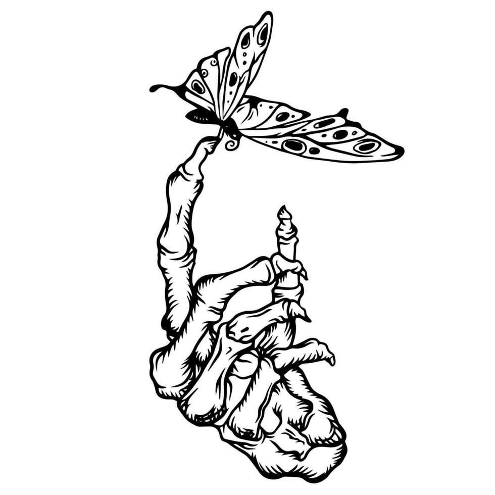 Hand with a butterfly on a white background. Vector illustration of a tattoo