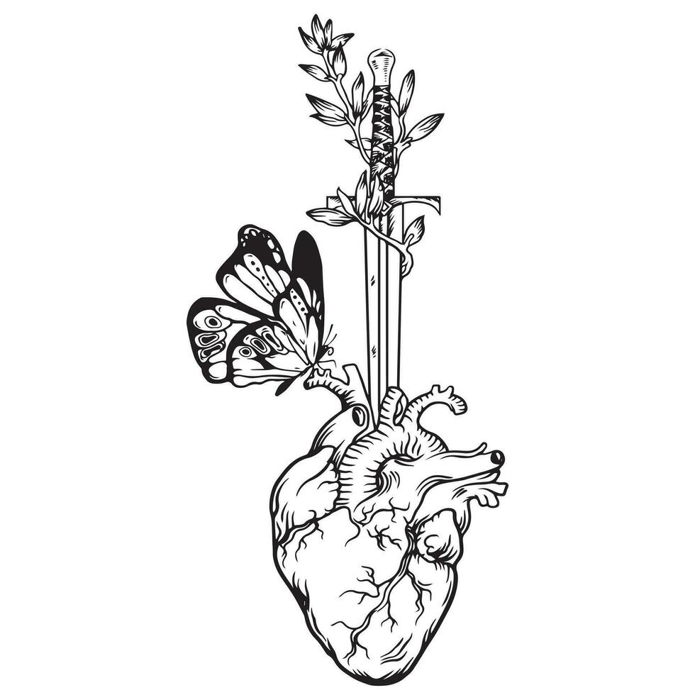 humano corazón con mariposa. negro y blanco vector ilustración. tatuaje diseño