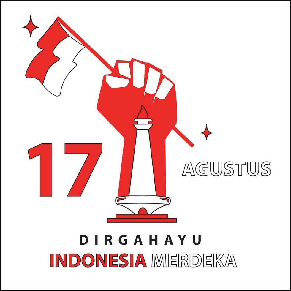 17 de agosto Indonesia independencia vector ilustración diseño con monas y mano participación indonesio bandera.adecuada para logo, icono, camiseta diseño, pegatina, concepto, póster, sitio web, anuncio publicitario.