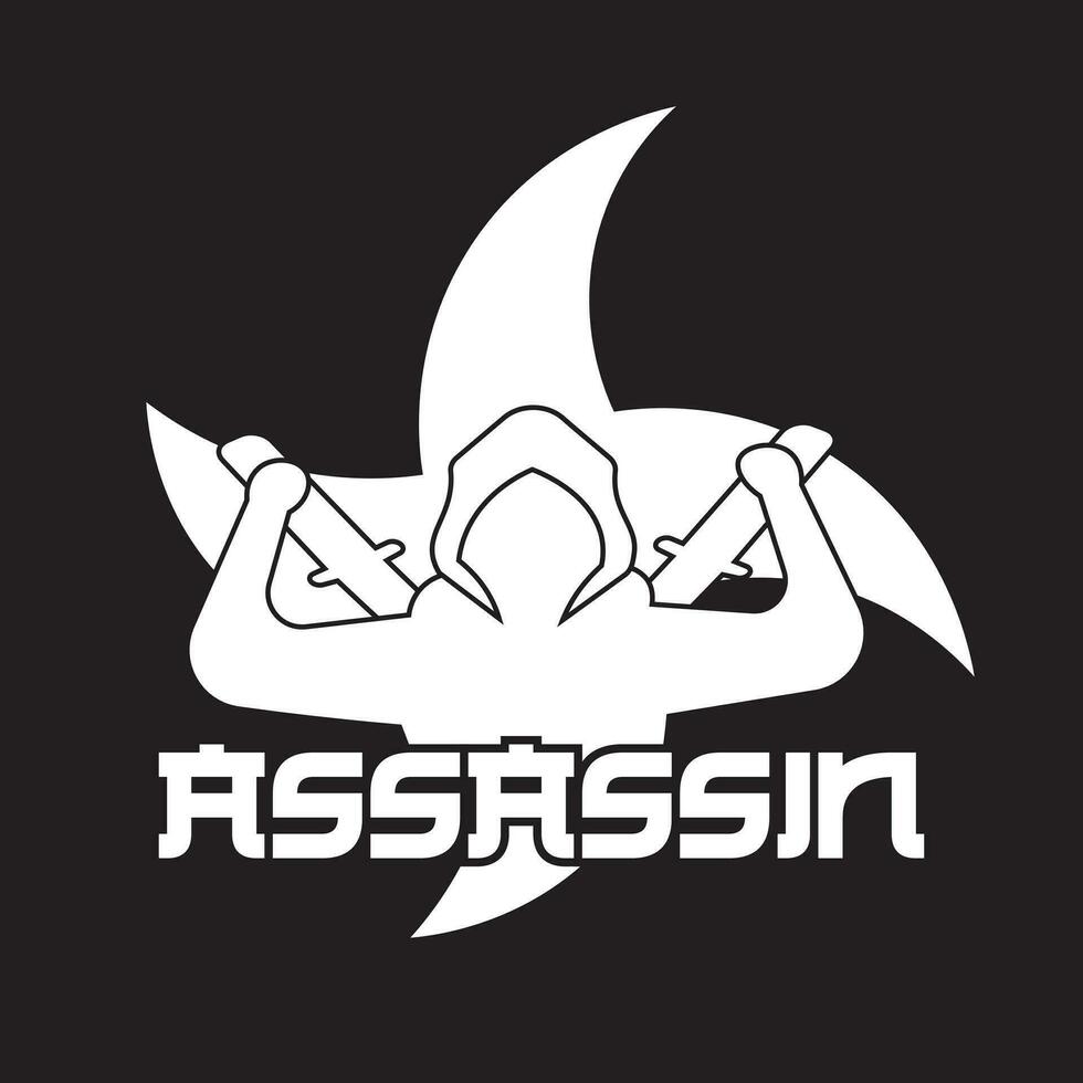 assassin vector design illustration with ninja holding sword and shuriken in silhouette style. suitable for logos, icons, posters, t-shirt designs, websites, concepts, advertisements, stickers.