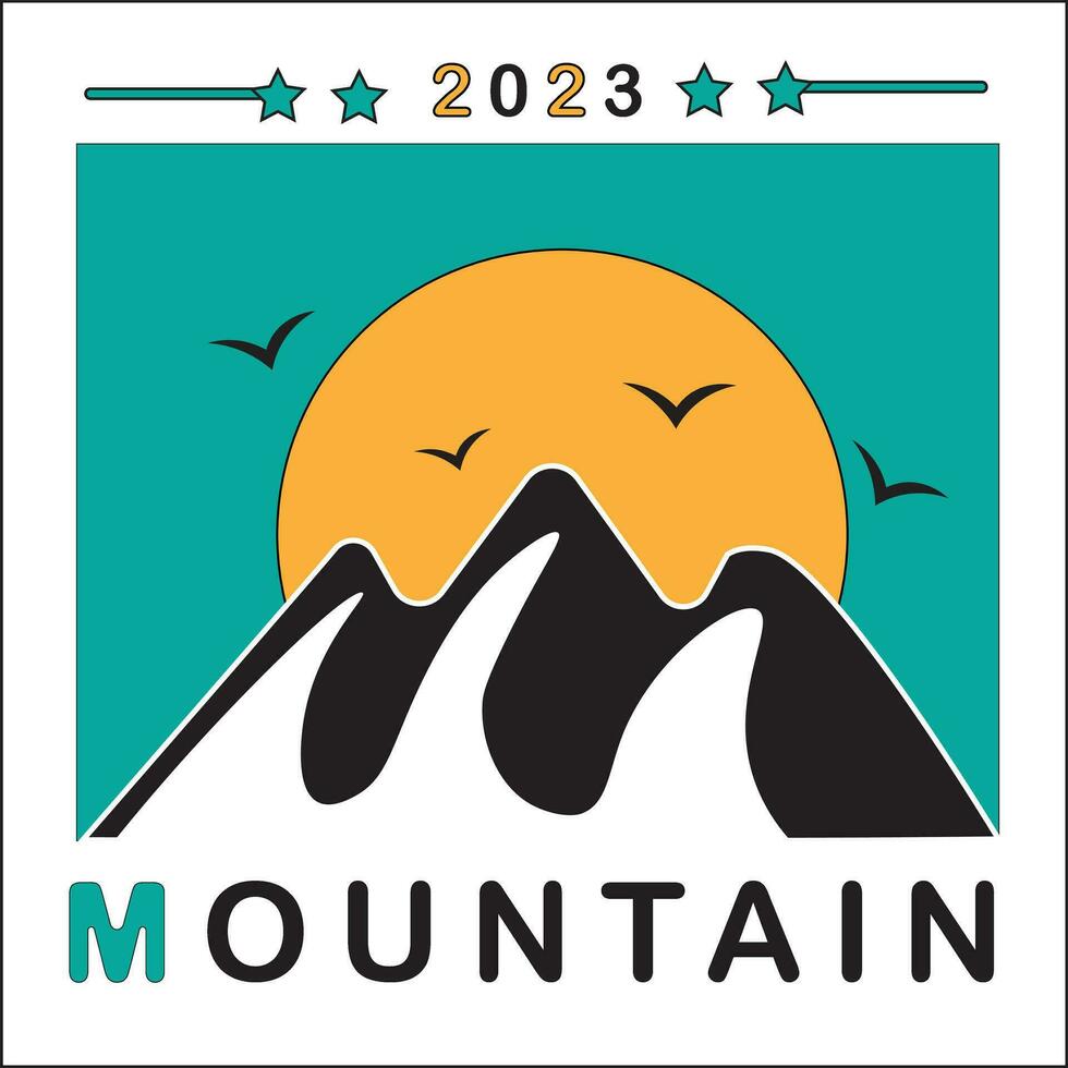 mountain illustration vector design with square view, sun and bird. suitable for logos, icons, t-shirt designs, stickers, concepts, posters, websites, advertisements.