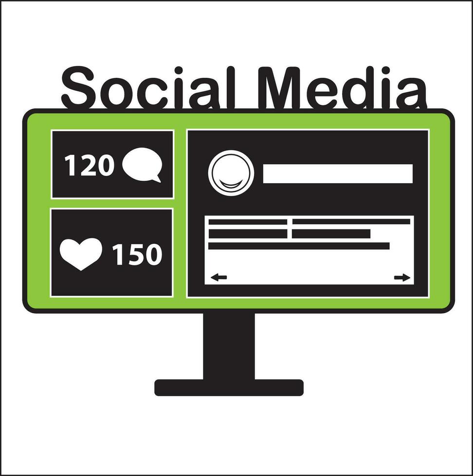 social media illustration vector design with computer, likes, and comments. in green and black. suitable for logos, t-shirt designs, stickers, concepts, posters, websites, advertisements.