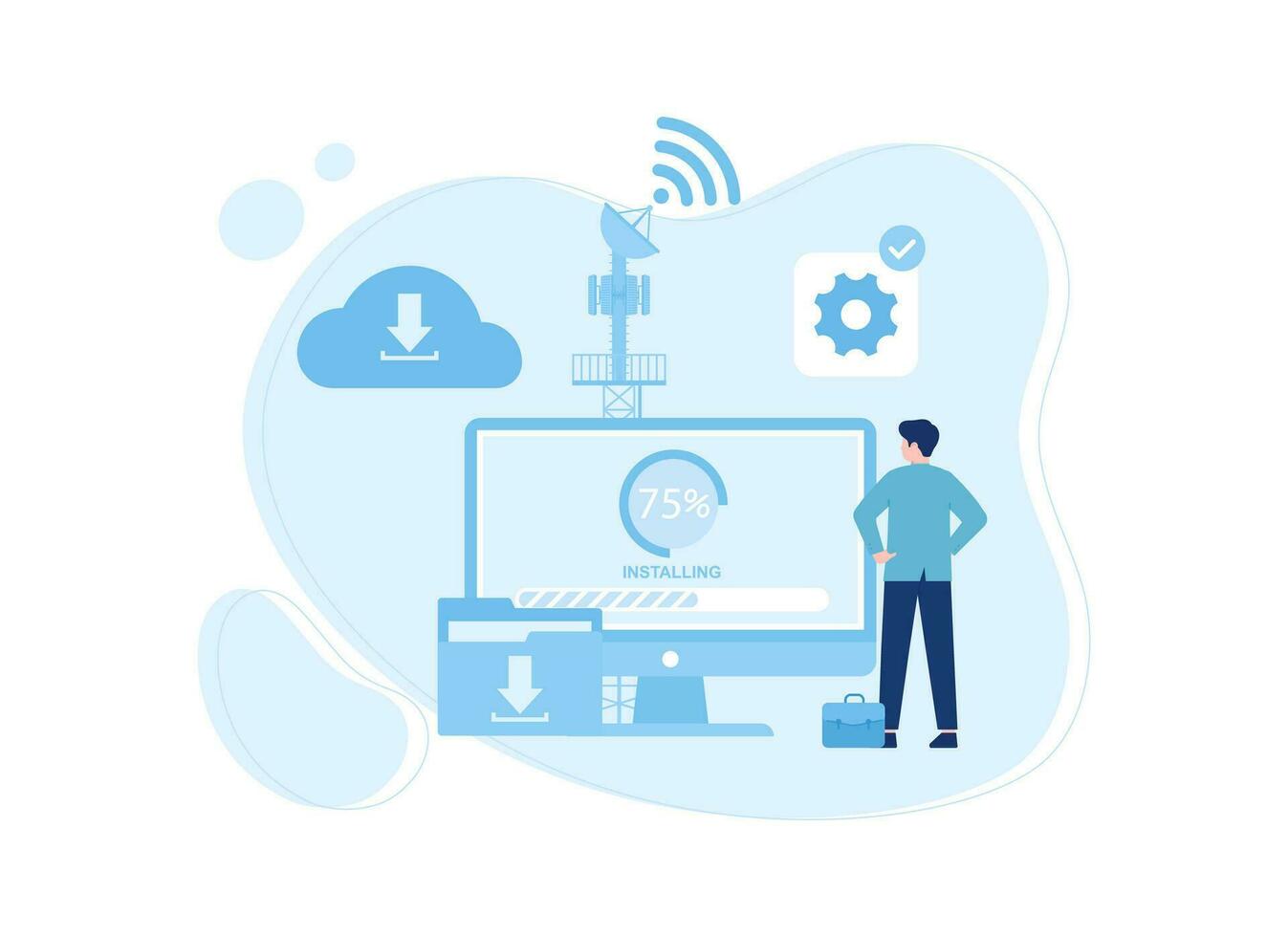 The process of updating a computer with a wifi network concept flat illustration vector