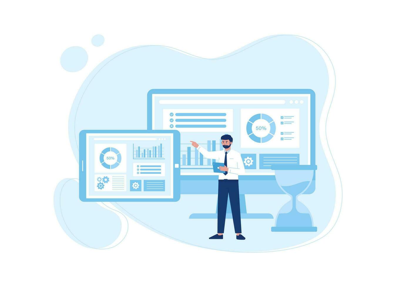 Businessman analyzing sales data deadline with tablet and computer concept flat illustration vector