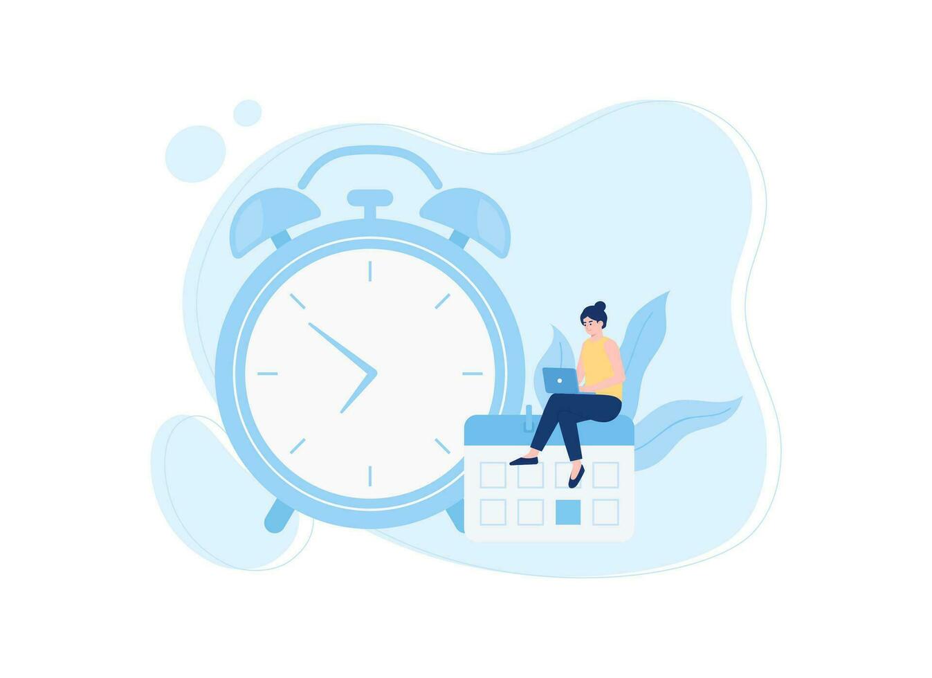 A woman with laptop, alarm and calendar concept flat illustration vector