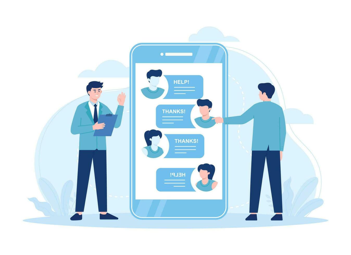 Customer service is performed for customers on smartphone screens concept flat illustration vector