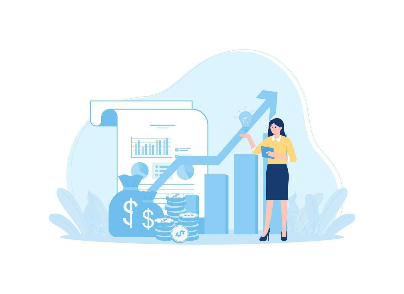 A woman is analyzing business financial growth data concept flat illustration vector