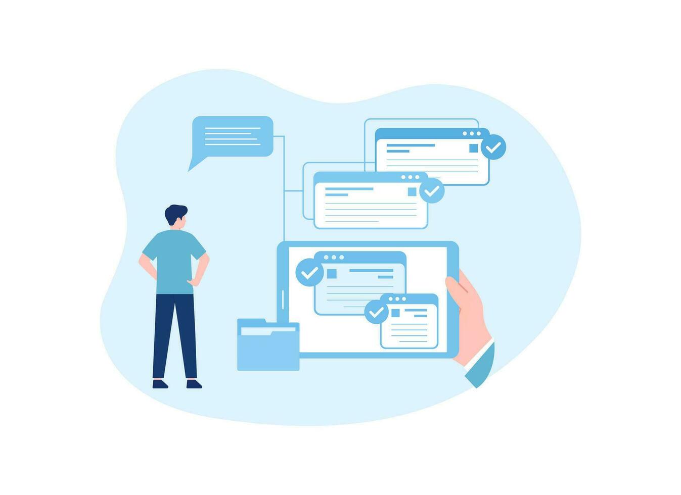 Man is looking at a flowchart concept flat illustration vector