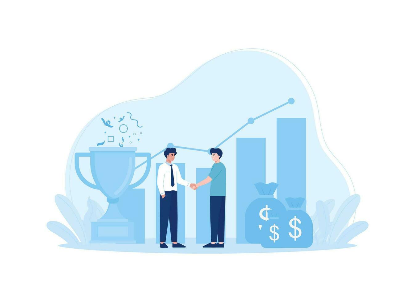 Two people shaking hands with money bag and growth data concept flat illustration vector