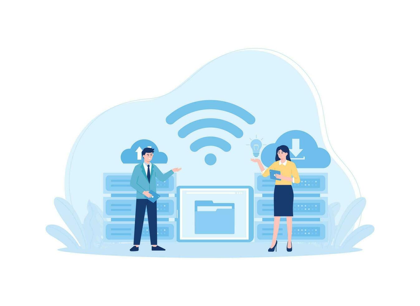Two characters with cloud storage icon concept flat illustration vector