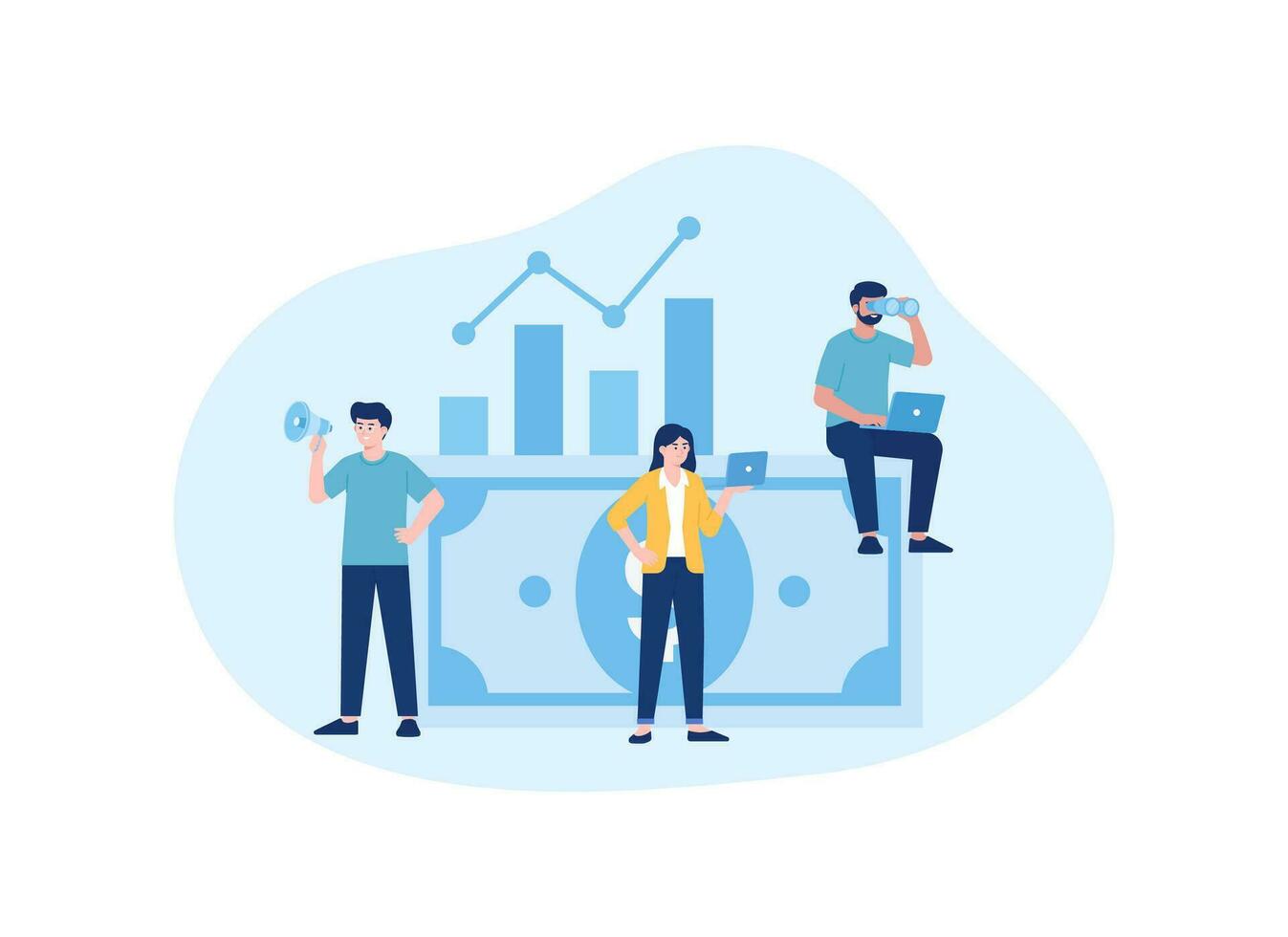 Three people with stock growth data and dollar bills concept flat illustration vector